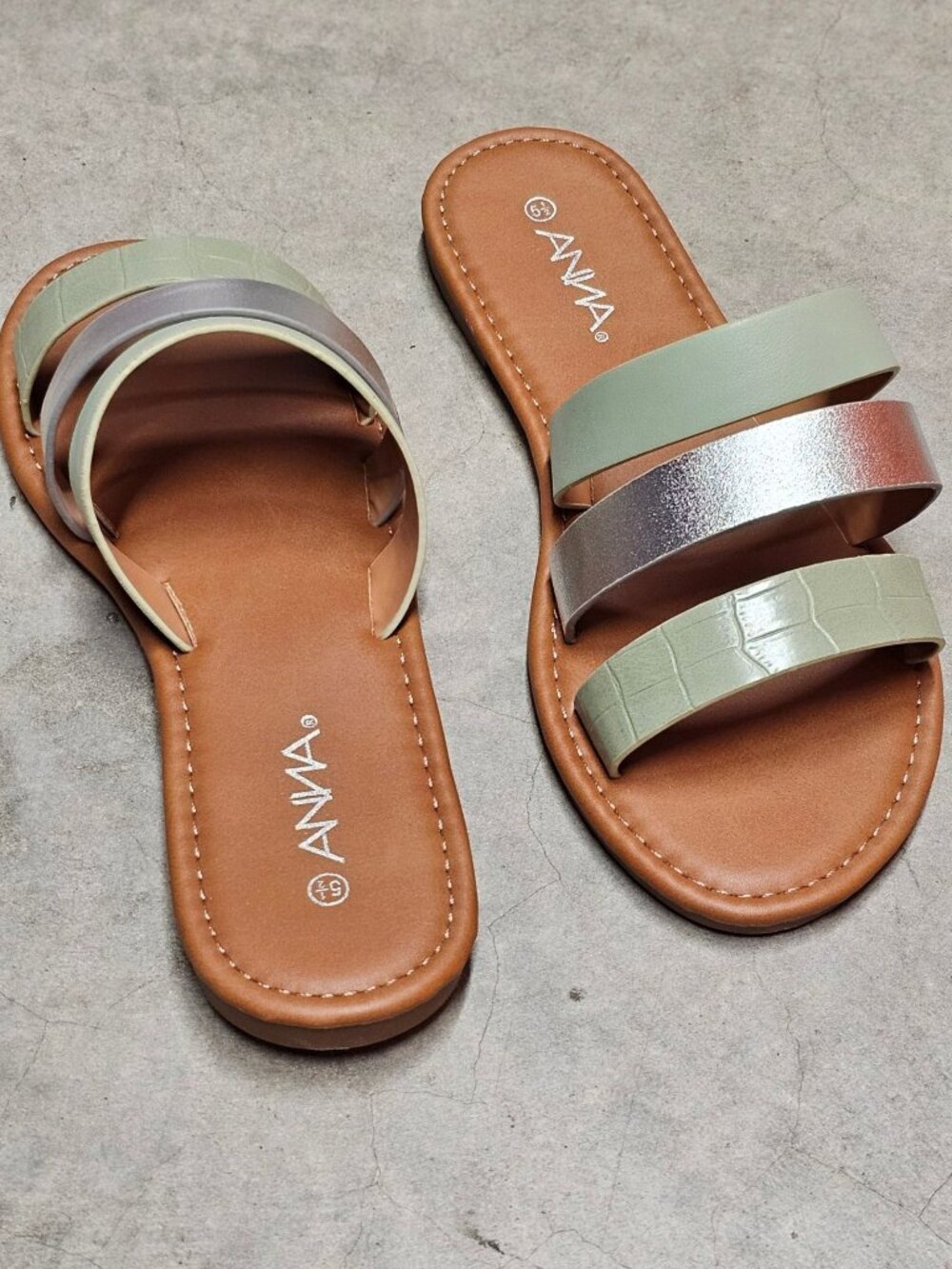 Womens Triple Strap Slide Sandals With Metallic & Green Color